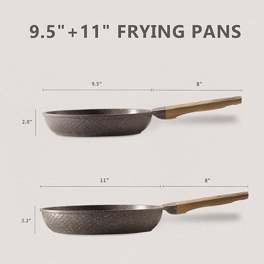 CAROTE Non Stick Frying Pan Skillet Set, Omelet Pan, Healthy Non Toxic Granite Chef Pan, Induction Compatible Egg Frying Pan with Heat-Resistant Handle, PFOA-Free,Brown,9.5"+11"