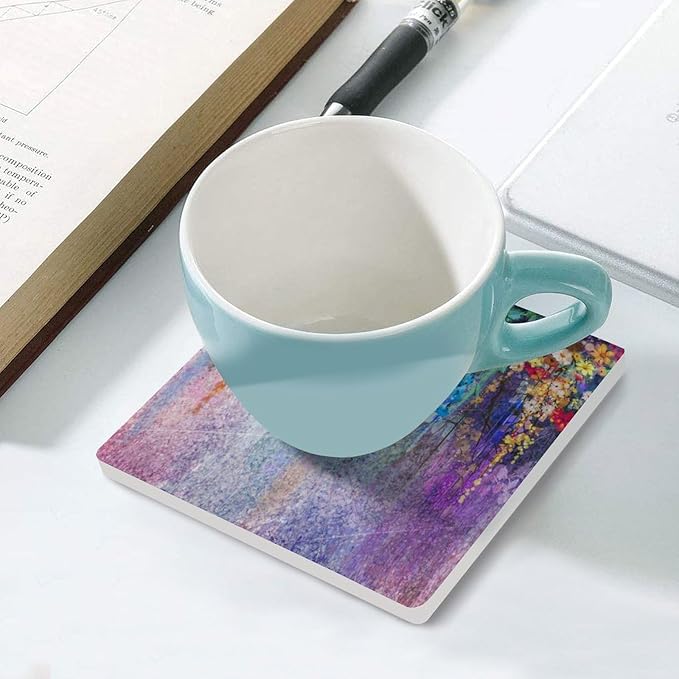 Floral Drink Coasters, Square Ceramic Drink Coaster Square-6PCS, Watercolor Weeds Blossoms Ivy Florets Shrubs Design Decor Absorbent Ceramic Coasters for Beverage Cup, Bar, Coffee Table