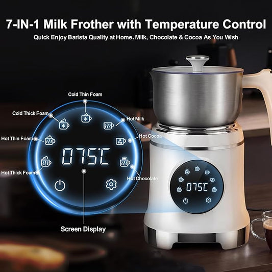 7-IN-1 Milk Frother, 20.3 OZ Milk Frother and Steamer with Temperature Control Stainless Steel Electric Milk Frother Dishwasher Safe Hot and Cold Foam for Latte Hot Chocolate Cocoa (White)