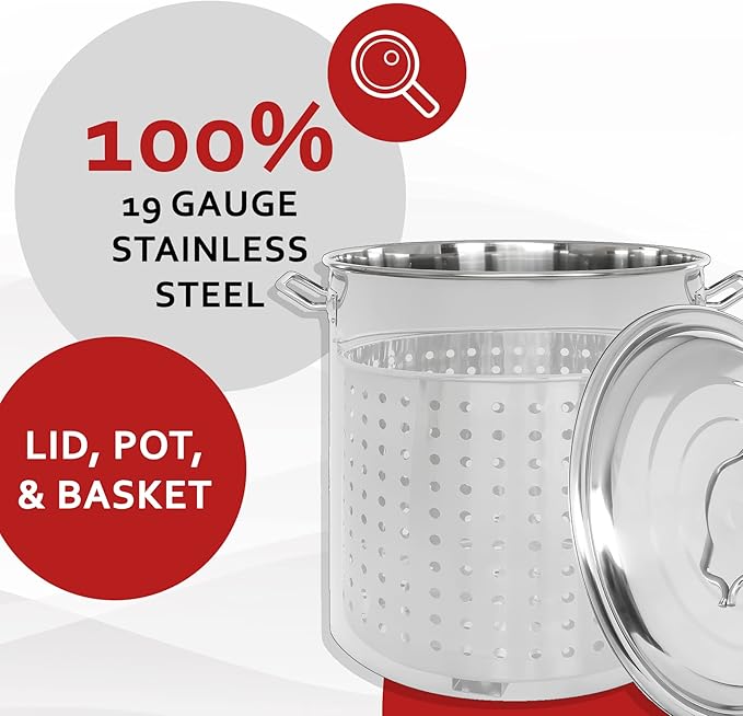 CONCORD Stainless Steel Stock Pot w/Steamer Basket. Cookware great for boiling and steaming (80 Quart)