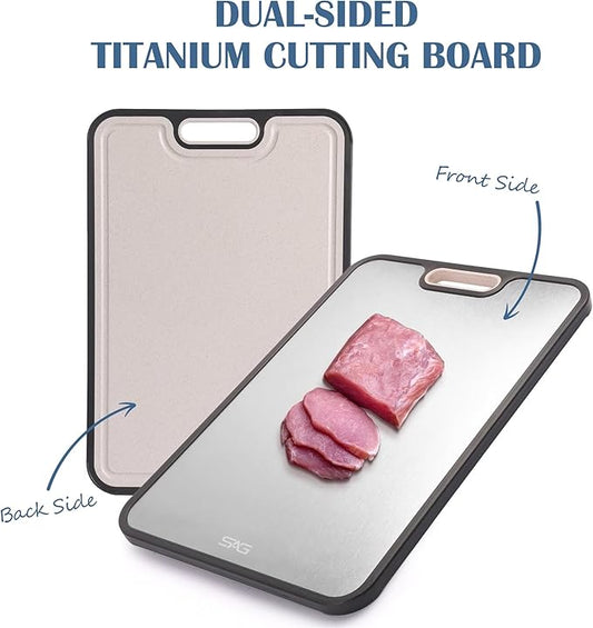 SAG’s Store Titanium Cutting Board for Kitchen, 16"x11" Double-Sided Metal Chopping Board, Durable & Easy to Clean, Reusable Lightweight Design with Juice Groove and Garlic Grinding Area