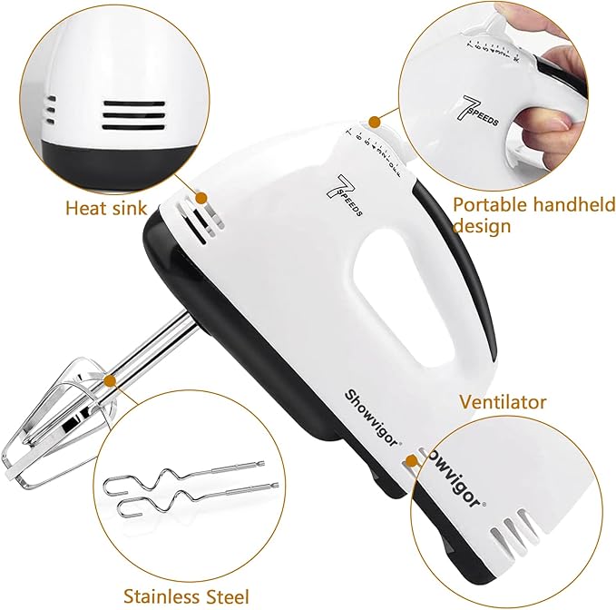 Showvigor 7-Speed Electric Hand Mixer with 5 Stainless Steel Accessories, Eject Button Handheld Whisk Food Beaters for Blending or Cooking, Dishwasher Safe, Off-white