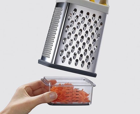 Joseph Joseph Multi-Grip Box Grater with Precision food grip, Stainless Steel blades for grating and slicing, non-slip base, Dishwasher safe