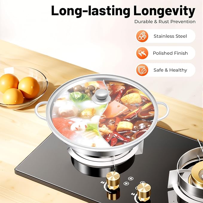 Stainless Steel Hot Pot with Divider, 13 In Dual Sided Nonstick Shabu Shabu Pot with Lid, Dual Handle Divided Stockpot for Cooking, Soup Cookware for Induction Cooktop Gas Stove