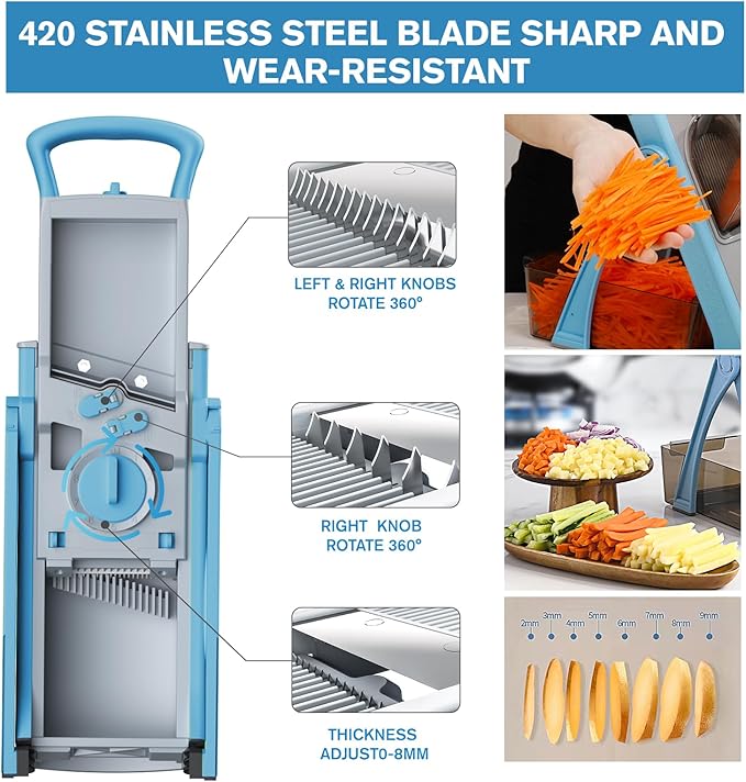 Upgrade Safe Mandoline Slicer Plus, Vegetable Potato Slice and Food Chopper Adjustable Thickness French Fries Cutter, Kitchen Chopping Artifact (Blue)