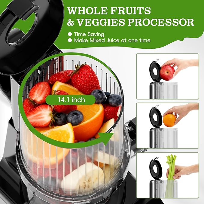 WHUTO Cold Press Juicer, Wide Feed Chute Juicer Machines, Stainless Steel Slow Masticating Juicers Easy to Clean, Vegetables & Fruits Juice Extractor, High Juice Yield, Silver Color Knob