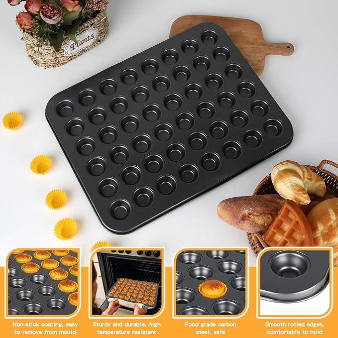2 Pcs 48-Cup Mini Muffin Pans with 1000 Paper Cupcake Liners, Carbon Steel Nonstick Small Cupcake Pan, Round Mini Muffin Tin for Baking, Dishwasher Safe