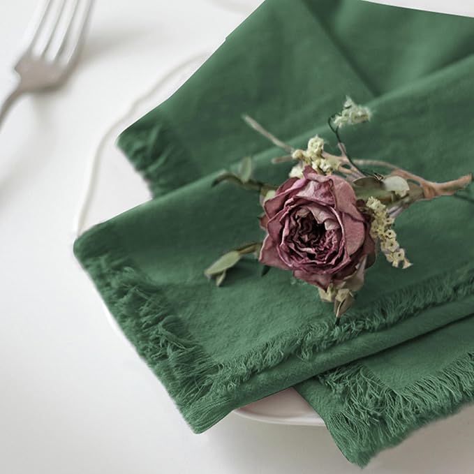 Handmade Cloth Napkins 100% Cotton Napkins with Fringe，Delicate Handmade Cloth Napkins for Dinners, Parties, Weddings and More，18 x 18 Inch Set of 4 - Green