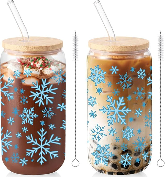 Sliner 2 Pcs Snowflake Glass Cups Christmas Tumbler with Lid Straw Winter Drinking Glasses 16 oz Iced Coffee Cup with Cleaning Brush Beer Can Tumbler Cute Holiday Gifts for Home Office Decorations
