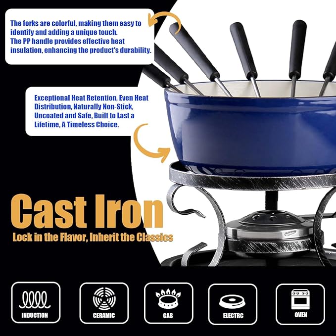 Artestia Cast Iron Fondue Pot Set for Cheese & Chocolate, Fondue Set for 6 with Burner & 6 Forks, Swiss Fondue Pot for Party, Family & Gift, Blue