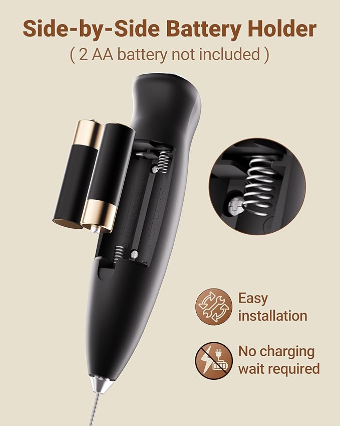 HeyLotie Milk Frother With Stand Handheld Frother Wand Drink Mixer Handheld Coffee Stirrers Electric Frother for Coffee Mixer Wand with 2 Whisk frother for protein powder-Black