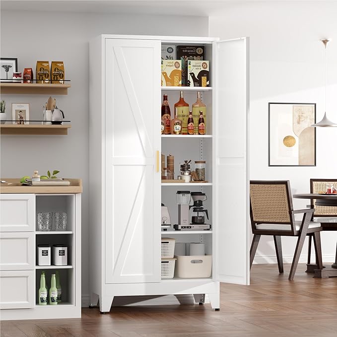 Kitchen Pantry Cabinet,71" H x 31.5" W,Metal Farmhouse Storage Cabinet with Adjustable Shelves and Barn Doors,5-Tier Storage Cabinet for Kitchen Dining Room Garage,White