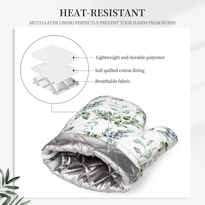 Sage Green Branches Silicone Oven Mitts and Pot Holders Sets Holly Leaves Kitchen Mitts Watercolor Berries Potholder Kitchen Accessories for Cooking Baking BBQ