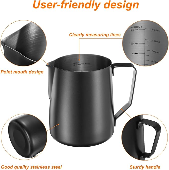uxcell Milk Frothing Pitcher, 31oz / 900ml Stainless Steel Milk Frother Cup with Scale for Milk Steaming Pitcher Latte Art Cappuccino Coffee Espresso Accessories Tool, Black