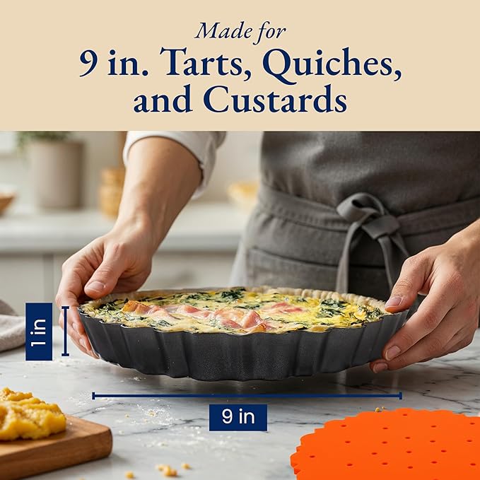Patz&Patz All-in-One Fluted Tart Pan 9 Inch Removable Bottom Set with Patented Silicone Crust Shaper & Pie Weight - Quiche Baking Dish & Tart Molds for Baking Fruit Tarts, Pies & Quiches
