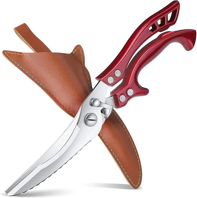 Poultry Shears, Red Heavy Duty Kitchen Shears with Serrated Edge, No Rust Spring Loaded, Multipurpose Stainless Steel Kitchen Scissors for Chicken Meat, Turkey, Fish, Christmas Gifts for Men Women