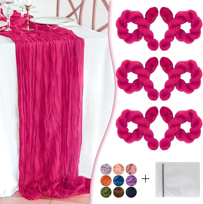 Hot Pink Cheesecloth Table Runner - 6 Pack, 35" Boho Gauze, 120 inches Long, Rustic Sheer Fabric Bulk for Baby Shower, Wedding, Bridal, Birthday Party Table Decorations