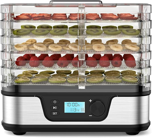 Food Dehydrator, Silver | 5 Stainless Steel and BPA-free trays, Adjustable Temperature, 72H Timer, Dehydrator for Meats, Jerky, Fruits, Veggies and Pet Treats
