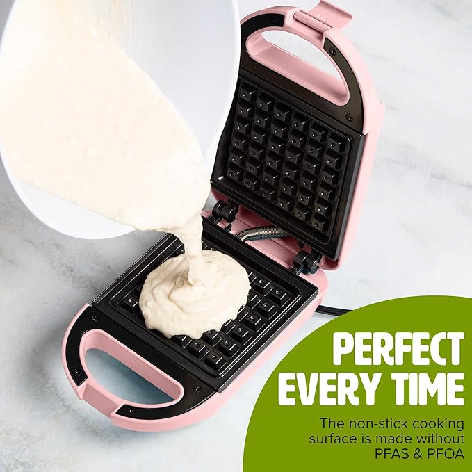 Tasty Mini Nonstick Waffle Maker, Perfect for Individual Waffles, Hash Browns, Brownies and more, Quick Results, Easy Clean Up, 600W, Pink