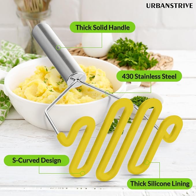 Urbanstrive Non-Scratch Silicone Potato Masher Kitchen Tool, Potatoes Masher Potato Masher Stainless Steel Wrapped In Premium Silicone, Potato Smasher, Yellow