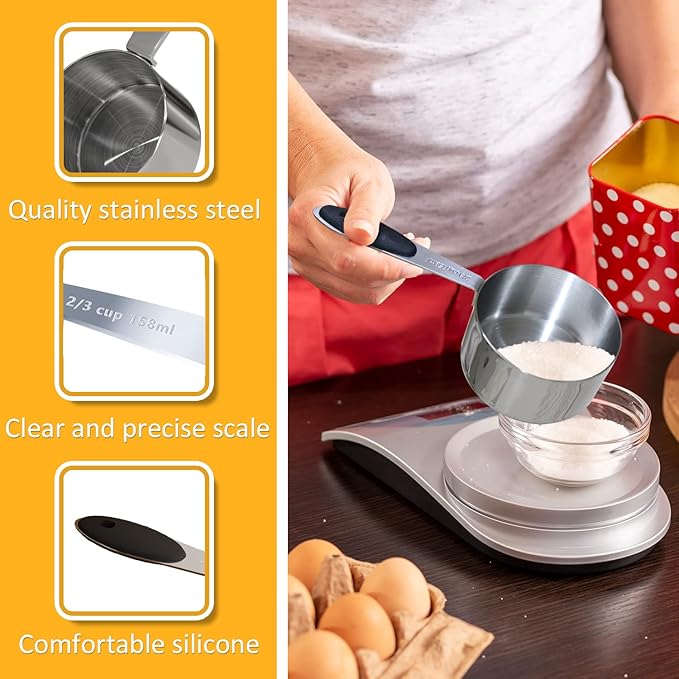 1PCS 2/3Cup (158ml, 5.4oz) Single Measuring Cup with Black Silicone Grip, Stainless Steel Individual Measure Scoop Only