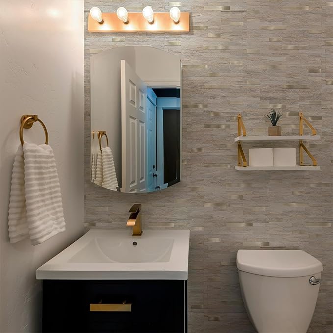 20 Sheets Kitchen Peel and Stick Backsplash Tiles, Beige with Metal Gold Look Stick on Backsplash for Kitchen, RV, Fireplace