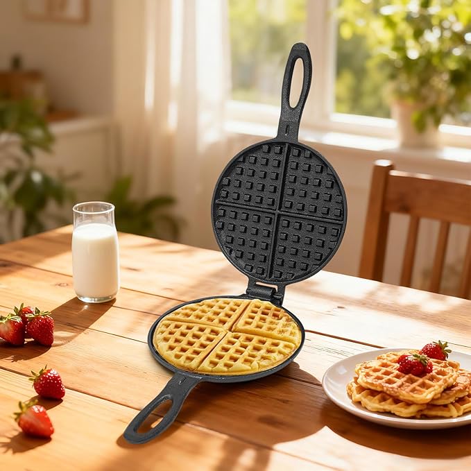 Cast Iron Waffle Maker, 2-Piece Stovetop Waffle Iron Set for Gas Stove - 6.7 Inch Classic Belgian Waffle Plates, Non-Stick & Detachable, Perfect Holiday & Christmas Breakfast Gift (Black)