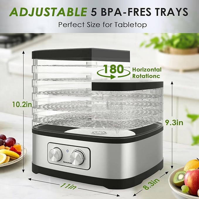 Seeutek Food Dehydrator Machine, 5 BPA-Free Trays, Adjustable Temperature Control for Beef Jerky, Fruits, Vegetables, Includes Recipe Book & 4 Reusable Storage Bags, Electric Dryer Machine (5 Trays)