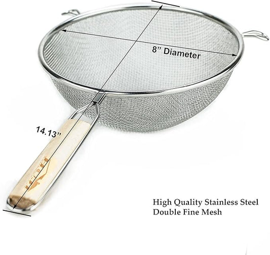 Huji Stainless Steel Fine 8" Double Mesh Food Strainer Colander Sieve Sifter with Wooden Handle for Kitchen Rice Pasta Noodles (3 Pack)
