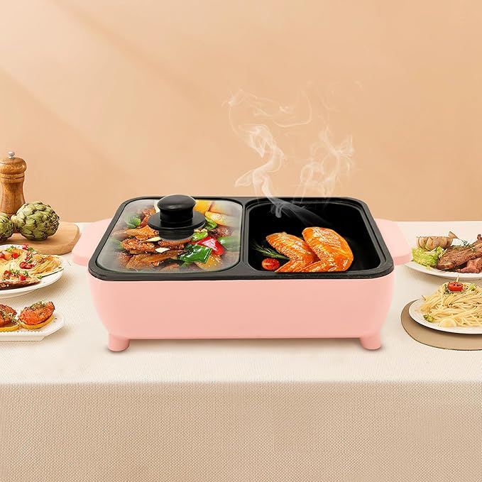 Portable Smokeless Electric Shabu, mokeless Korean BBQ Grill with Temperature Control 2-In-1 Indoor Non-Stick Pan and Griddle For Boiling & Frying