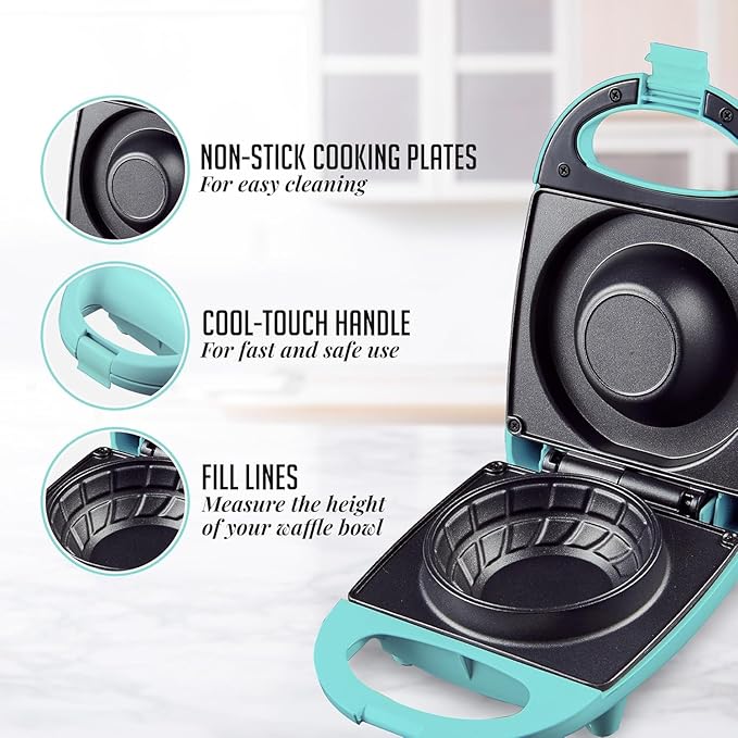 OVENTE Electric Waffle Bowl Maker for Breakfast with Non-Stick Coating, 520W Power, Indicator Light and Cool Touch Handle, Perfect for Homemade Ice Cream Cups & Delicious Desserts, Turquoise WMB2405BL