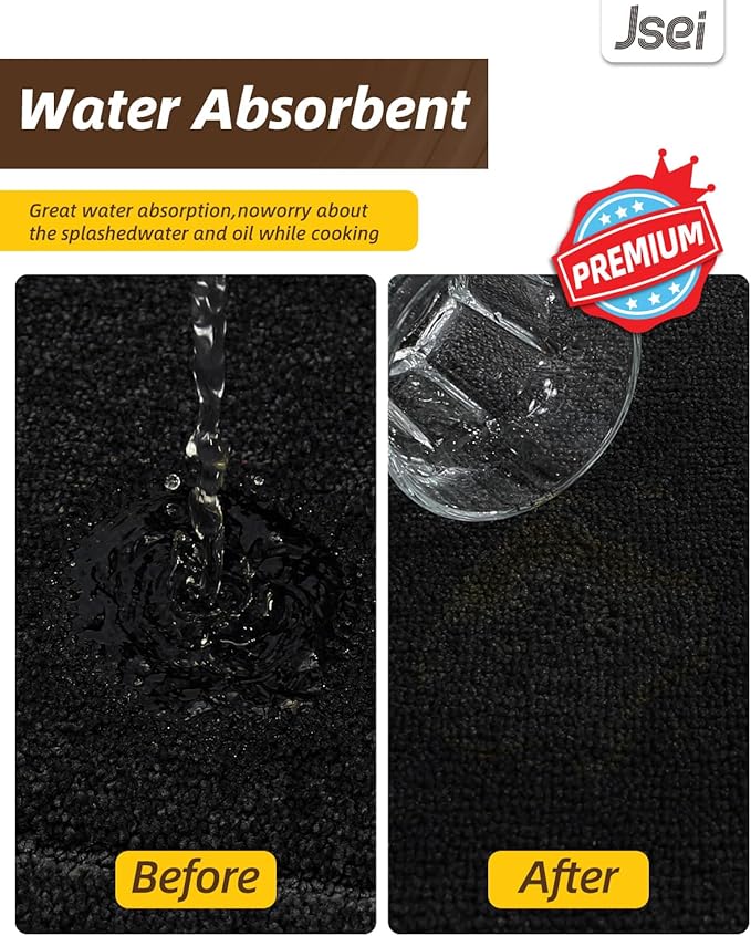 JSEI Kitchen Mats for Floor, Non-Slip Kitchen Rugs, Soft Washable Absorbent Kitchen Mats 2 PCS, Kitchen Runner Rug with TPR Backing, Polyester, 20"x32"+20"x48", Black