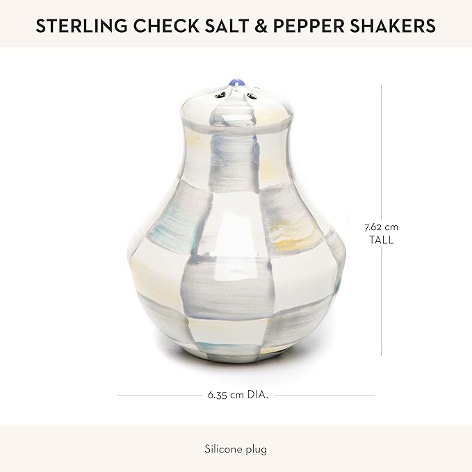 MACKENZIE-CHILDS Enamel Salt and Pepper Shakers, Farmhouse Kitchen Decor and Accessories, Small, Gray-and-White Sterling Check