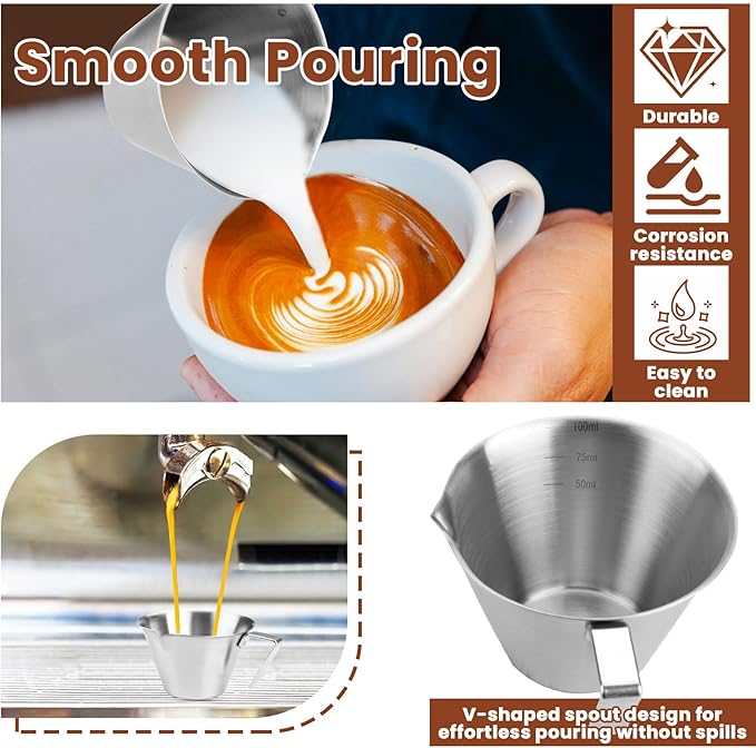 2 Pieces 3.4 Oz/100 ml Espresso Measuring Cups, Stainless Steel Espresso Shot Cups with Handle & Scale, V-Shaped Spout Coffee Pour Pitcher for Barista Cooking Baking Home Office Shop