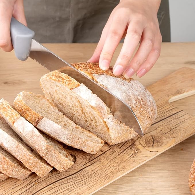 Restaurantware Comfy Grip 8 Inch Bread Knife 1 Sharp Serrated Knife - Ergonomic Handle Non-Slip Grip Gray Stainless Steel Bread Cutting Knife Dishwashable Slice All Types Of Bread