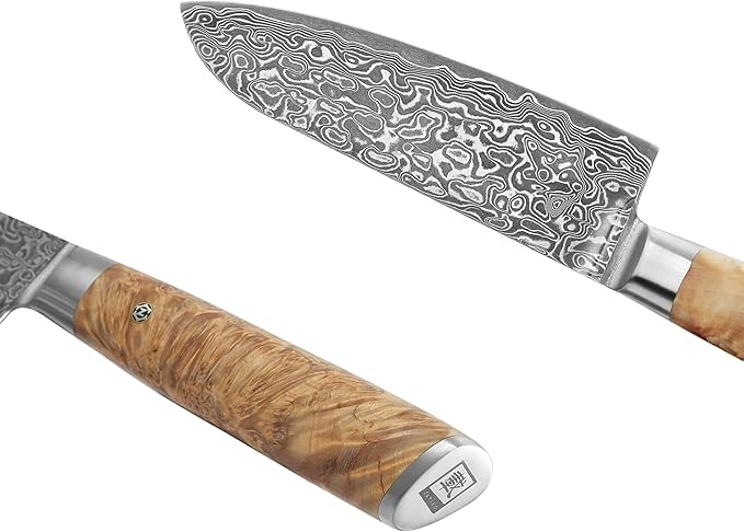 zayiko Kinone Santoku Knife – 6.7-Inch Damascus Kitchen Knife | 67 Layers Damascus Steel with VG10 Core | Ergonomic Birch Root Wood Handle | Professional Chef Knife in Gift Box