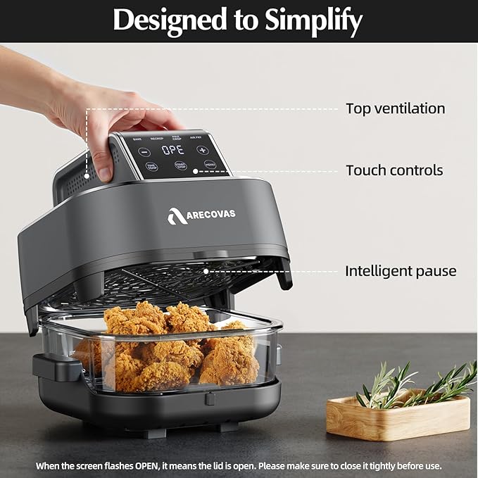 Arecovas 4-in-1 Portable Glass Air Fryer, 140–400°F Precise Heat, Max Crisp Technology, 4.2QT & 1.6QT Dual Containers with Lids, Freezer & Dishwasher Safe, Bake, Recrisp, Air Fry
