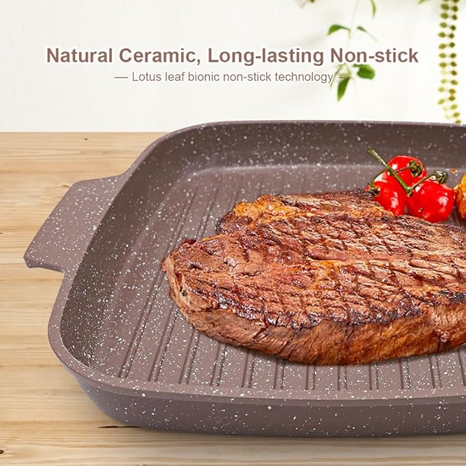 RANX INGST Nonstick Griddle Pan with Lid 10 Inch, Ceramic Coating, Detachable Handle, PFOA Free, Brown