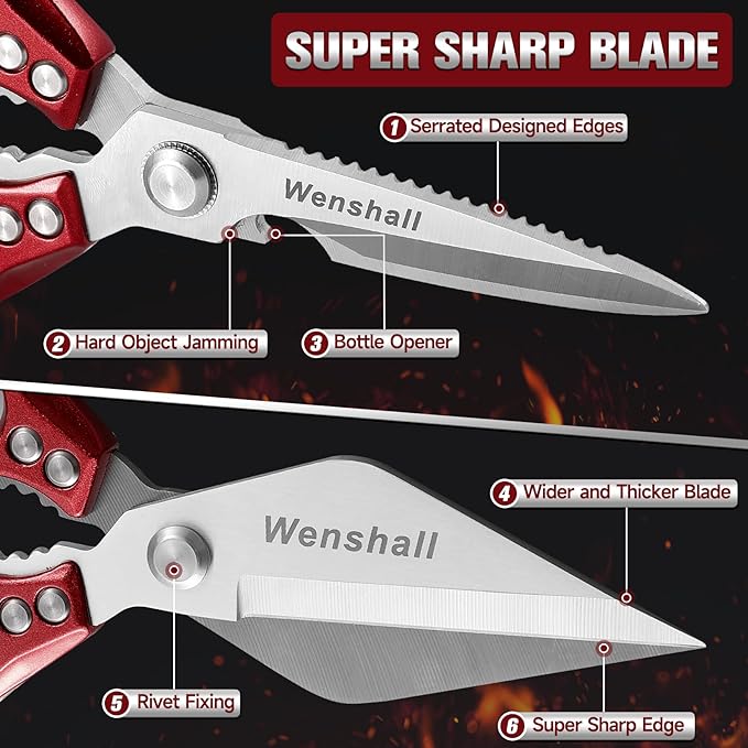 Kitchen Scissors, Heavy Duty Kitchen Shears for Cutting Chicken, Poultry, Game, Meat - Chopping Vegetable, Dishwasher Safe,Christmas Gifts for Men Women(Red)