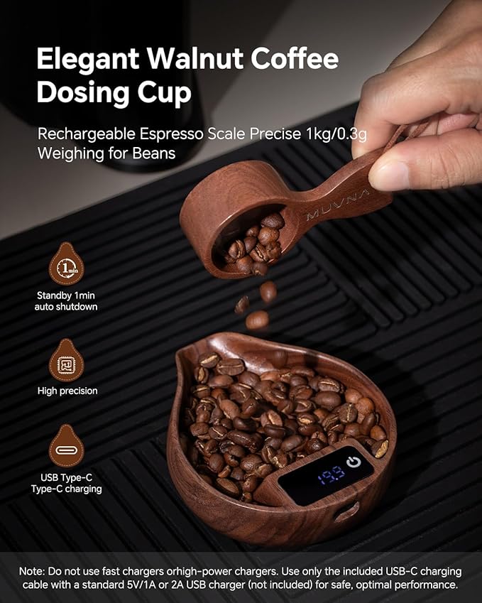 MUVNA Digital Dosing Cup with LED Display - Mini Rechargeable Wood Coffee Bean Scale Cup and Spray Bottle Kit, Kitchen Weighing Accessory for Espresso, Tea, Coffee Lover Gifts, Walnut