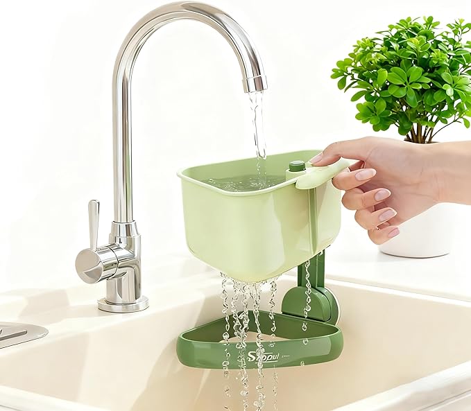 Suction Cup Sink Corner Rack,Sponge Storage Rack,Automatic Dumping Sink Strainer Basket,Suction Cup Basket,Food Drainer,Suitable for Kitchen Sinks, Dining Tables, and Kitchen,Islands,Bathroom (Green)