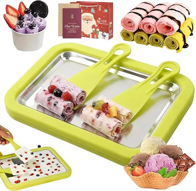 At-Home Rolled Ice Cream Maker Kit, DIY Rolled Ice Cream Tray, Two-minutes Quick Freeze, Mini Instant Freeze Plate with 2 Scrapers, Food-Grade Stainless Steel, for Kids & Adults (Green,9 * 7in)
