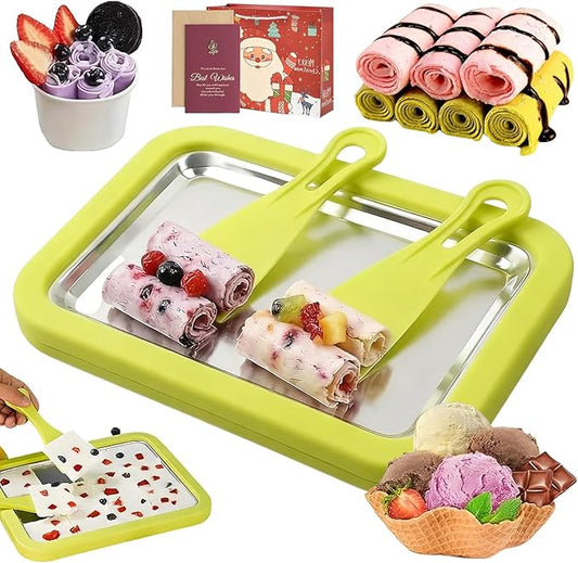 At-Home Rolled Ice Cream Maker Kit, DIY Rolled Ice Cream Tray, Two-minutes Quick Freeze, Mini Instant Freeze Plate with 2 Scrapers, Food-Grade Stainless Steel, for Kids & Adults (Green,9 * 7in)