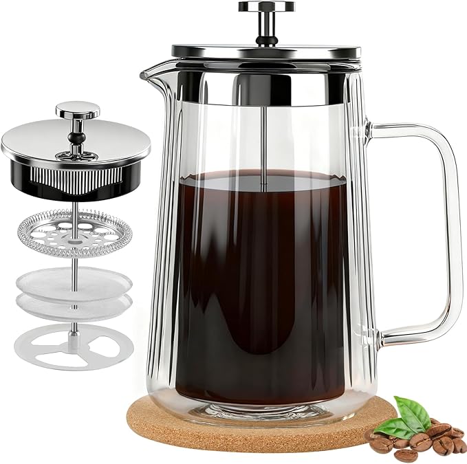 CHDEXU Glass French Press Coffee Maker 34oz, Double Wall Heat-Resistant Borosilicate Glass Coffee Press with Stainless Steel 4-Level Filtration, Also Fit for Tea