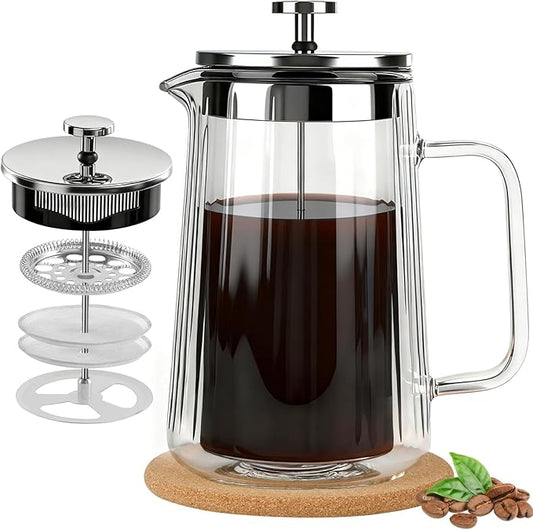 CHDEXU Glass French Press Coffee Maker 34oz, Double Wall Heat-Resistant Borosilicate Glass Coffee Press with Stainless Steel 4-Level Filtration, Also Fit for Tea