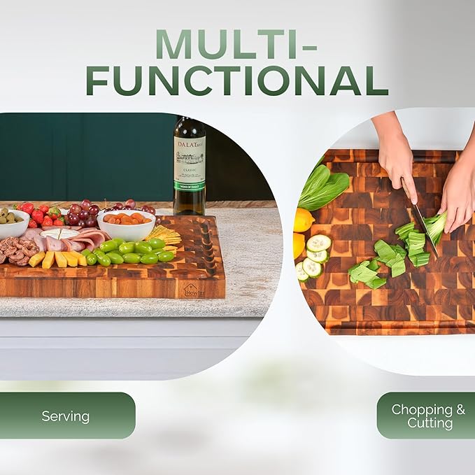 Howizz Acacia Wood Large Cutting Board, Thick End Grain Solid Wood Butcher Block For Kitchen, Non Toxic Pre-Oiled Carving Tray w/Juice Grooves and Easy Grip Handle, 20"x15"x1.5" (Gift-Ready Box)
