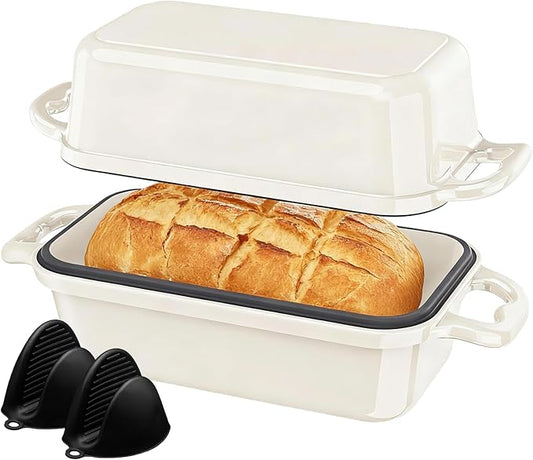DYCYRQ Enameled Cast Iron Sourdough Bread Dutch Oven, Cast Iron Loaf Bread Pan for Homemade Bread Baking, 2PCS 9 x 5Inch Meatloaf Pan with Lid, Oven Safe, Cream