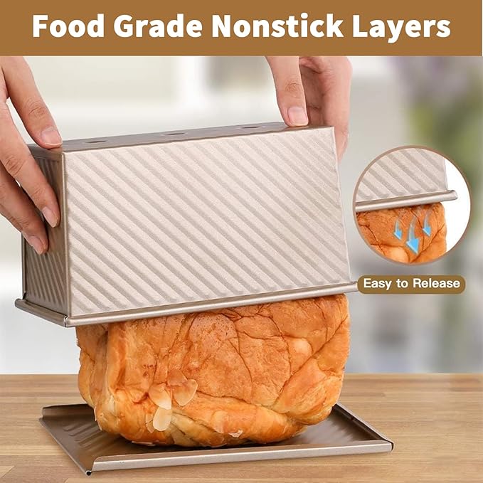Amagabeli Pullman Loaf Pan with Lid Nonstick Bakeware 9”x4” Carbon Steel Corrugated Bread Toast Box Mold for Cooking Oven Baking Roasting Toaster Bake Mold Homemade Cakes Baking Golden