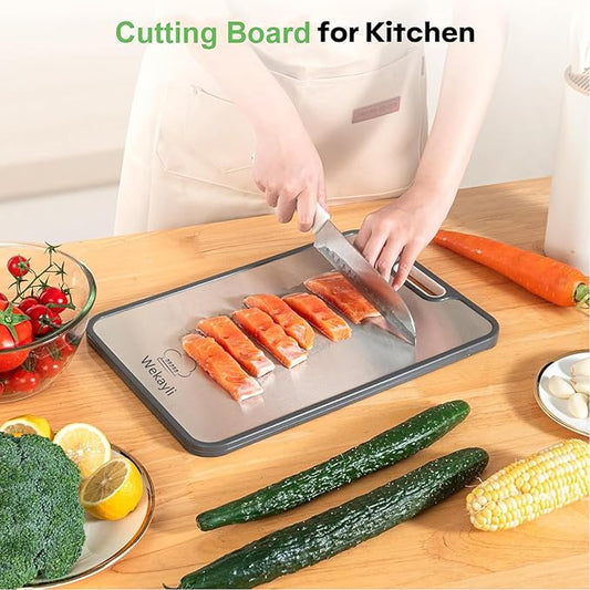 Wekayli Stainless Steel Cutting Boards for Kitchen, Non Toxic 2-in-1 Cutting Board Double Sided, Food Grade Chopping Boards for Fresh Meat Vegetable, Easy to Clean,15”×10