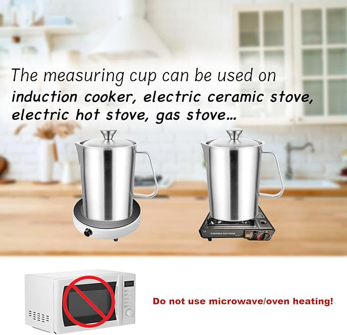 2L Measuring Cup, 304 Stainless Steel Pitcher with Lid, Liter/Oz Marking and Handle, Large Mouth Graduated Beaker, Food-grade Metal Milk Frothing Pitcher (70Oz 8 Cup)